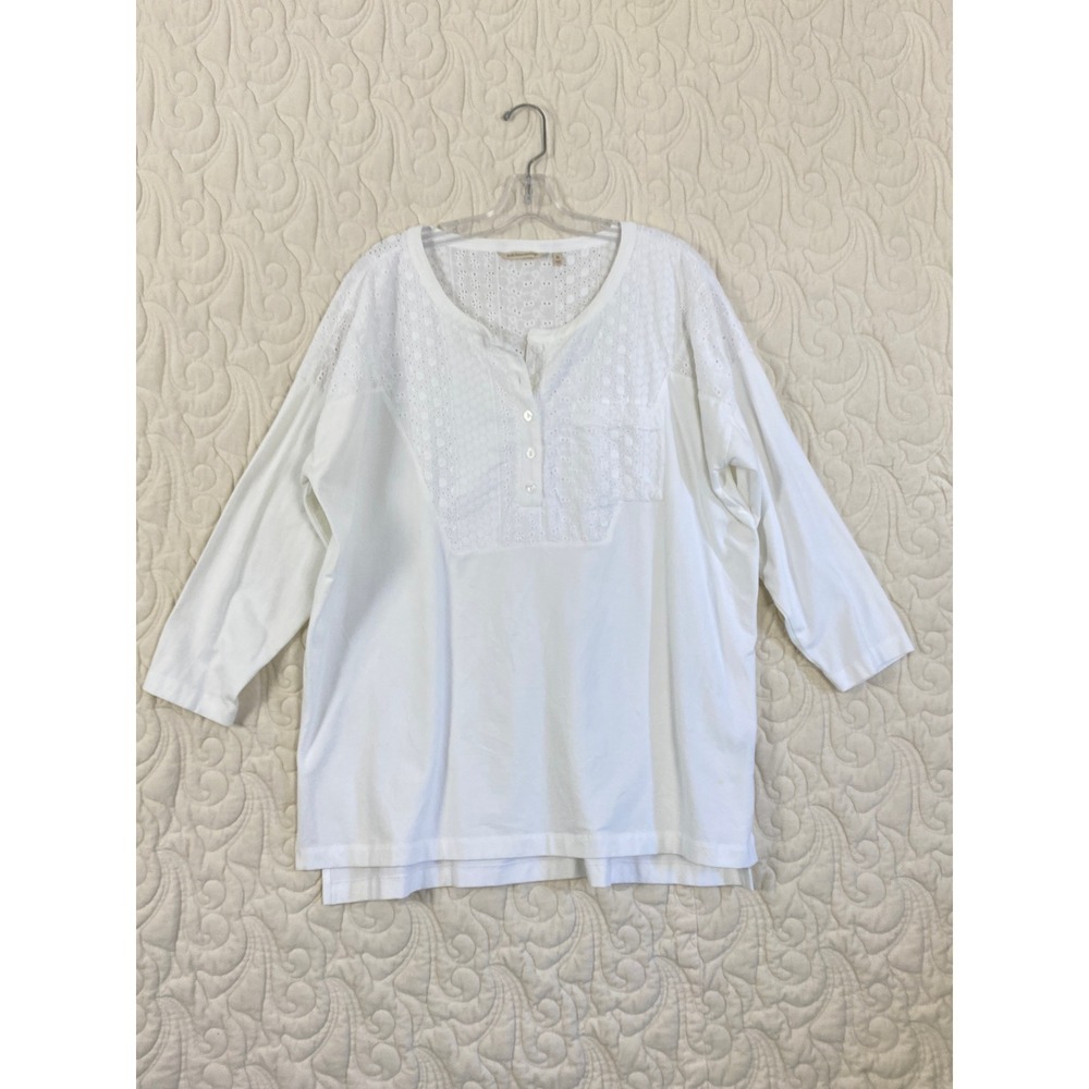 Soft Surroundings Eyelet Henley Top Womens XL White 3/4 Sleeve Cotton Blend